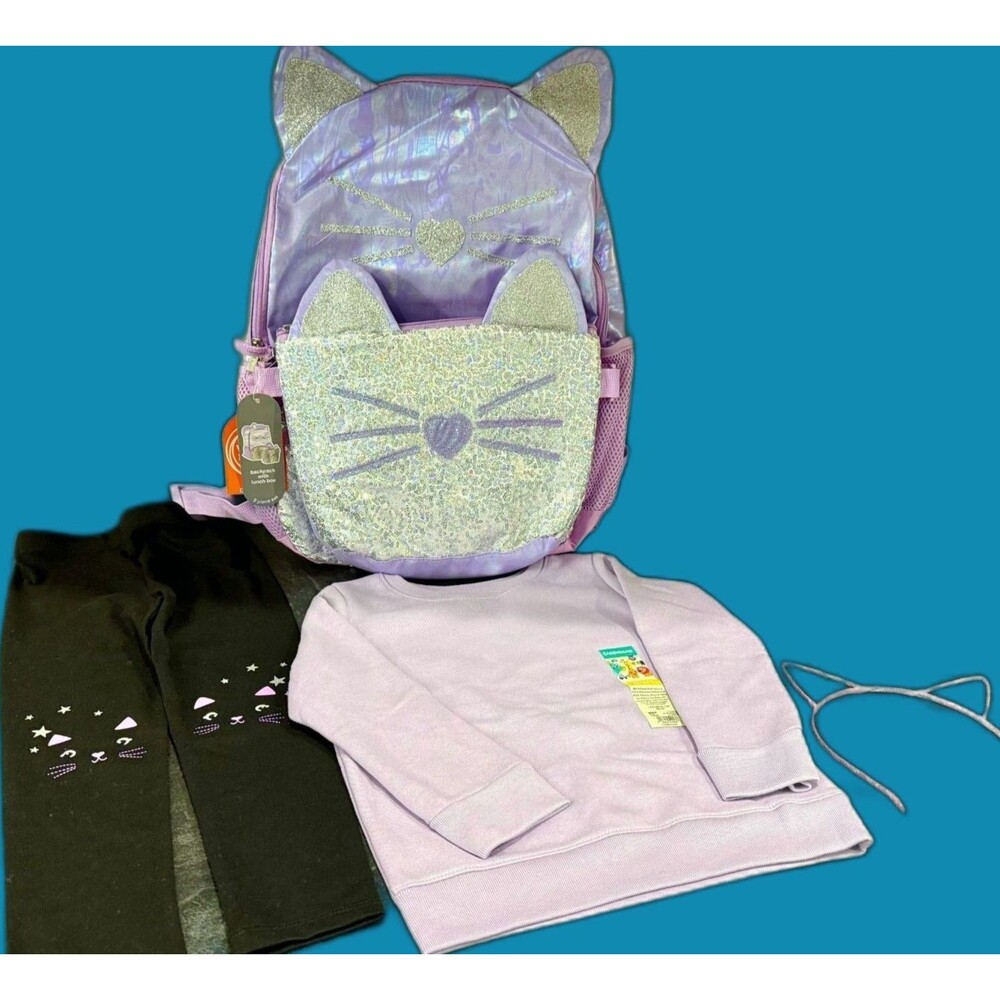 Toddler Girls Purple Kitty Backpack Lunch Bag Outfit 4 Pc Set 3T Leggings NWT